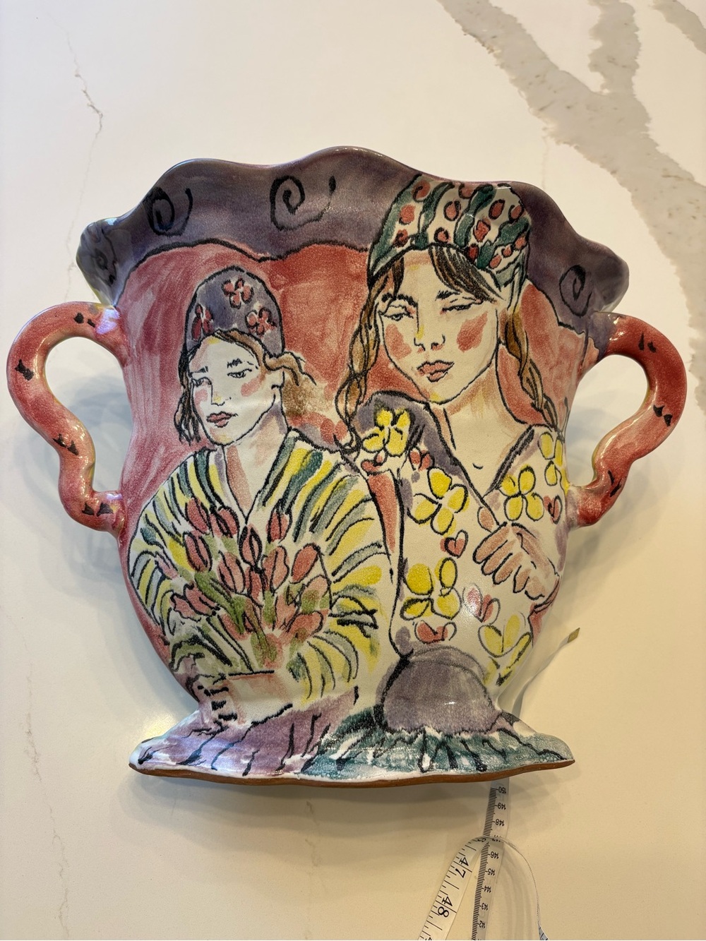 Selfridge handled pottery vase, extra large handpainted Art
